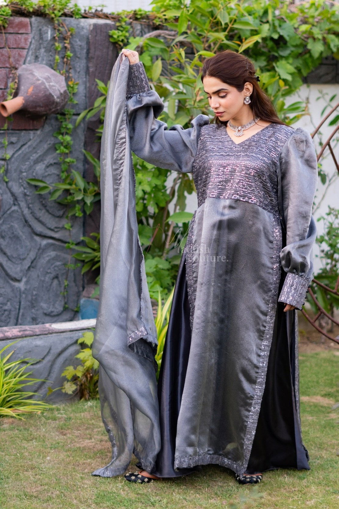 Grey Sequence Frock - Mataish Couture