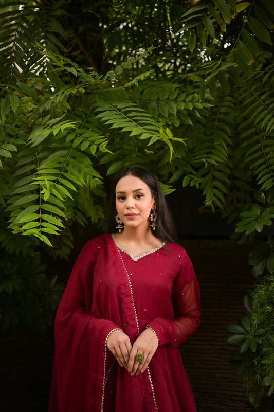 Maroon Anarkali - Mataish Couture