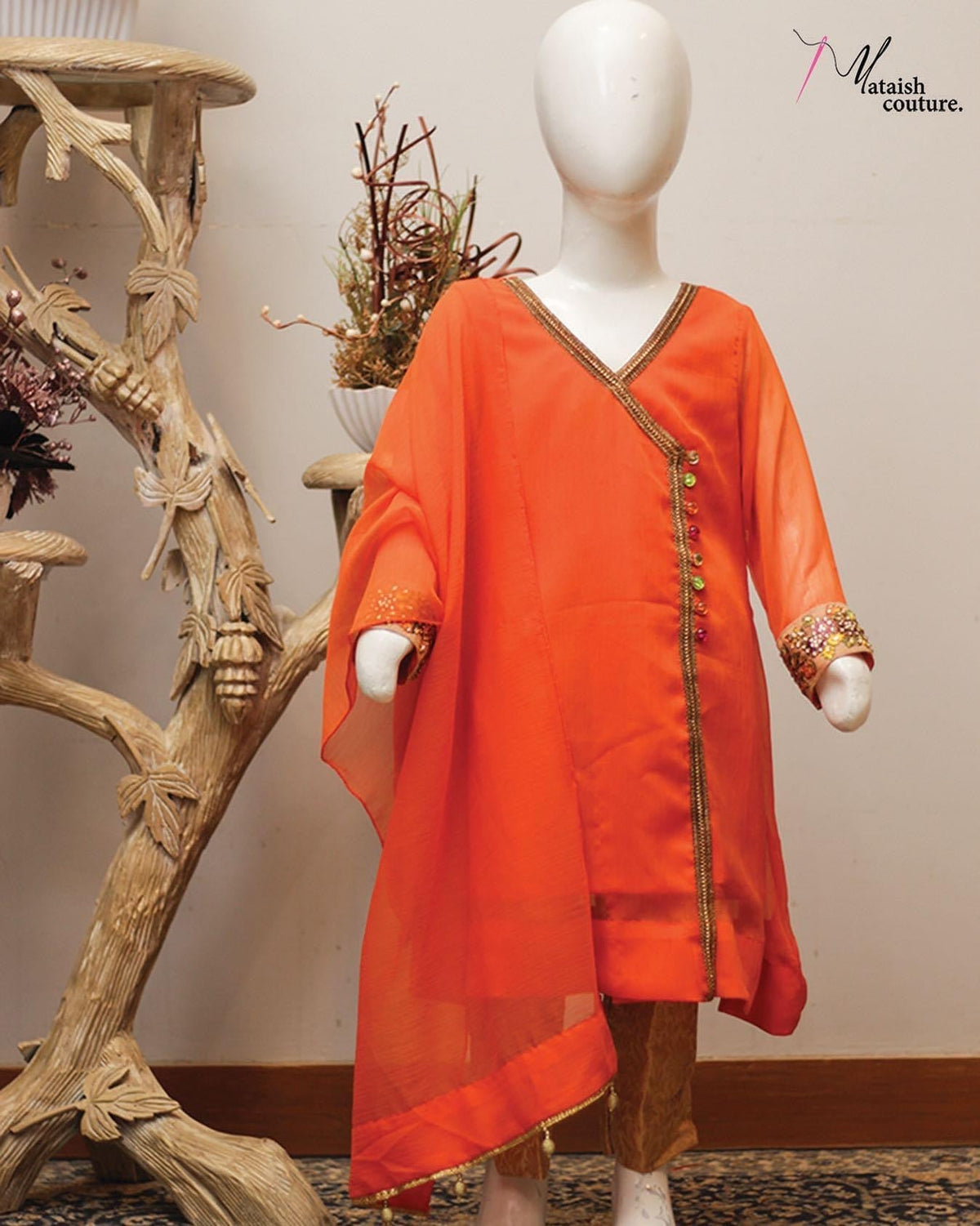 Orange Angarkha - Mataish Couture