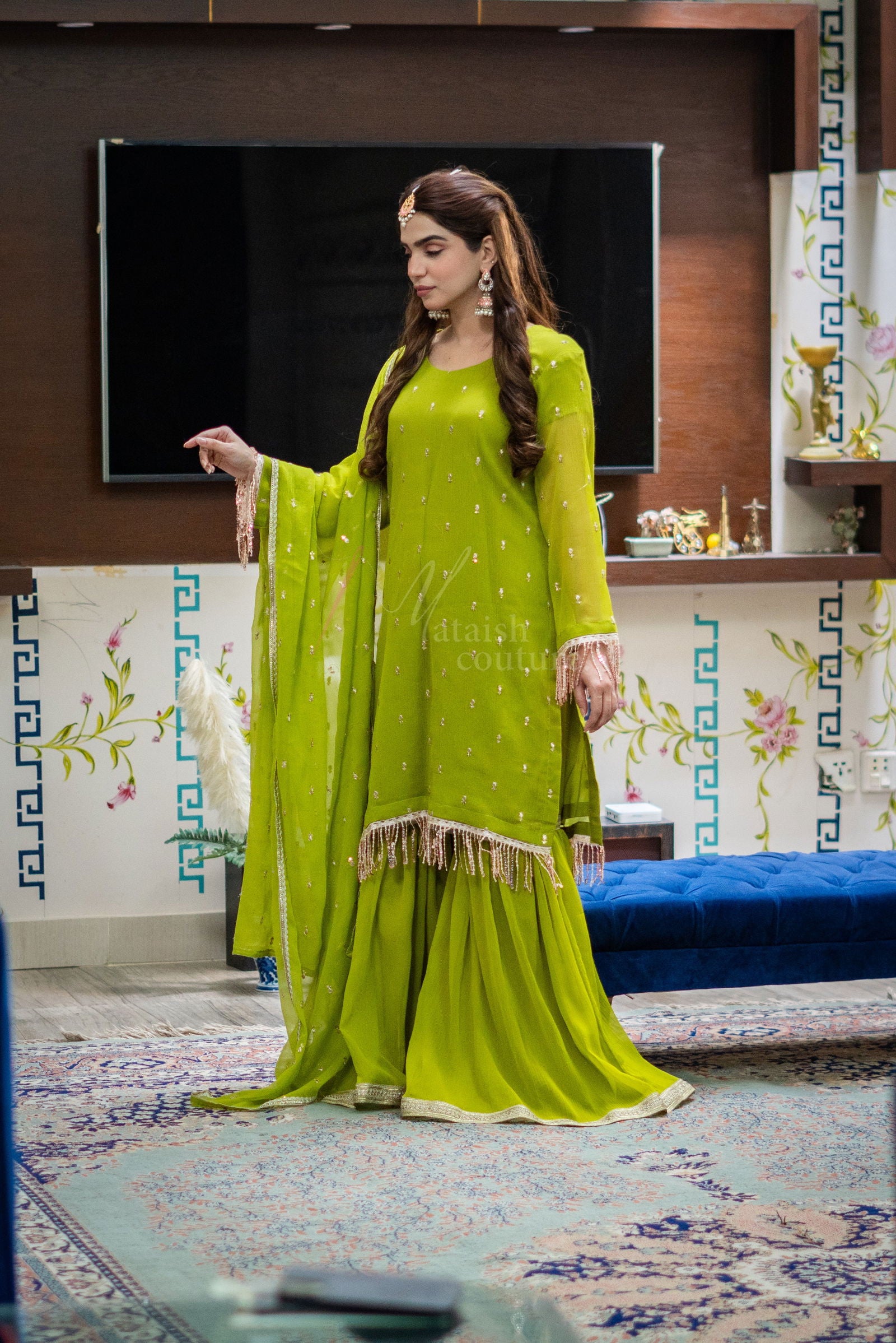 Parrot Green  Embroidered Garara - Mataish Couture