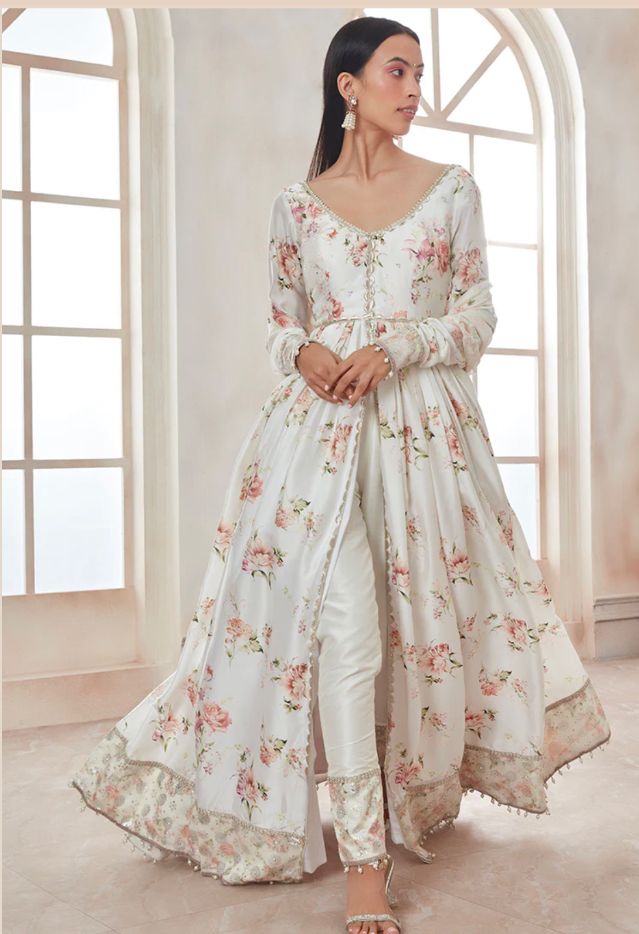 White Floral Pant Style Anarkali. - Mataish Couture