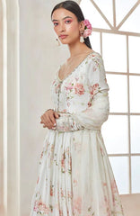 White Floral Pant Style Anarkali. - Mataish Couture