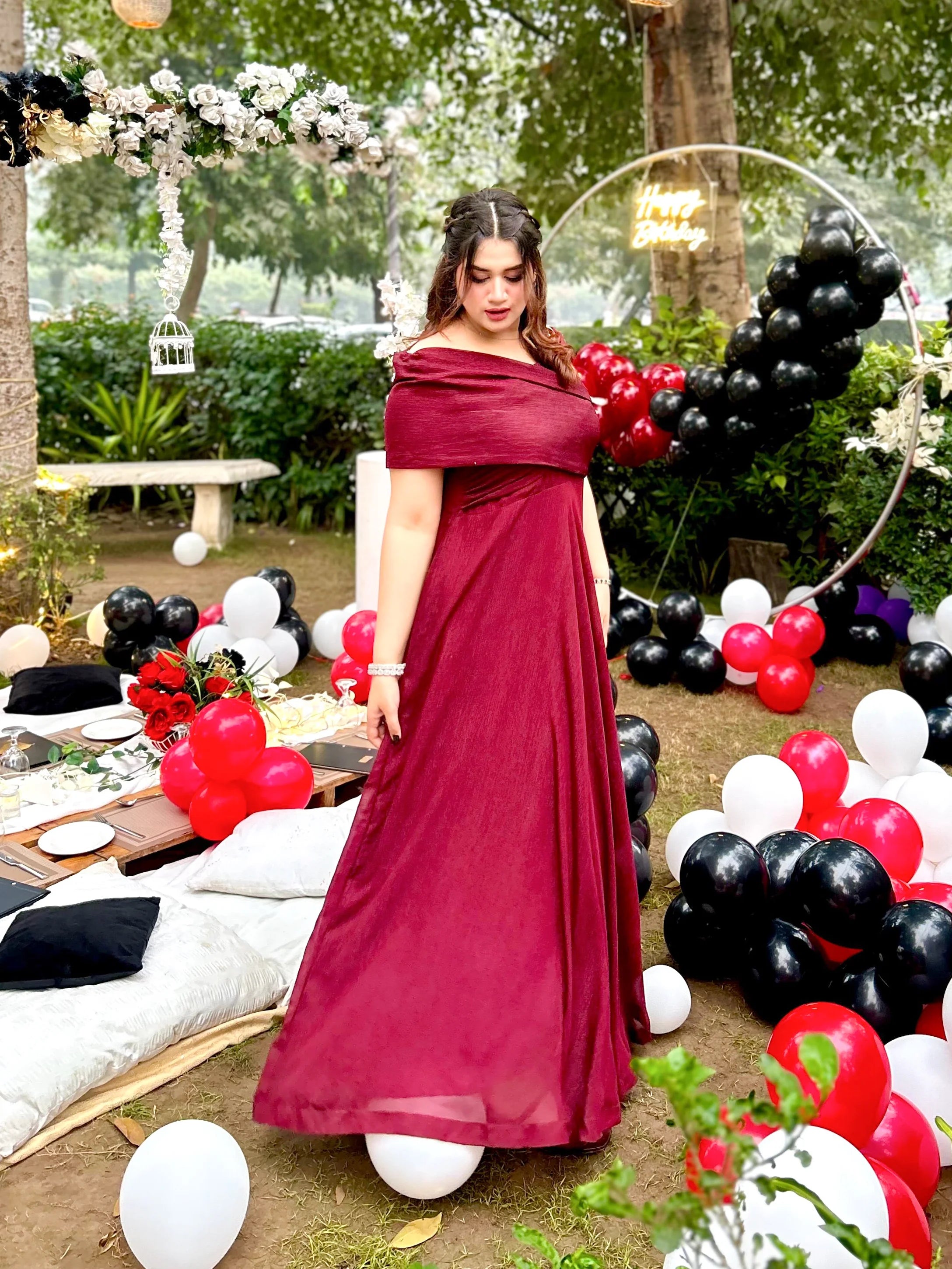 Maroon Off-Shoulder Gown