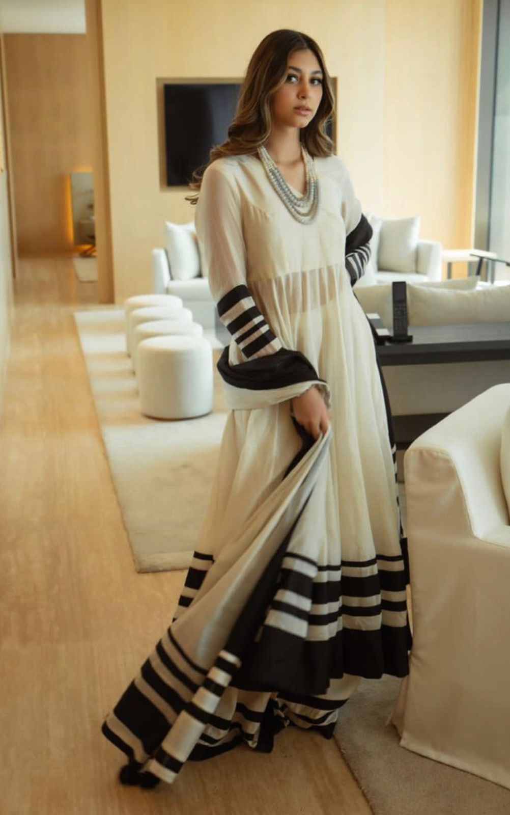 White Strip Anarkali - Mataish Couture