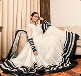 White Strip Anarkali - Mataish Couture